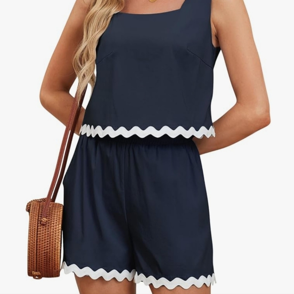 Socialkiwi Navy Blue Shorts & Top Set with White Trim